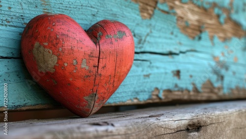 wooden heart next to a turquoise wall, in the style of light red and light gray, romantic landscape