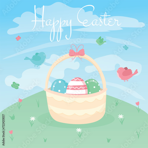 Easter basket of eggs. Cute spring vector illustration with sky, clouds, birds. Greeting card 