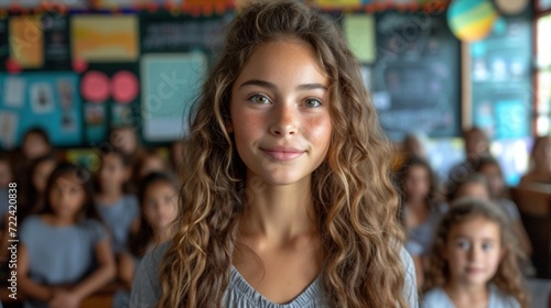 Female student in the classroom posing in front of other students