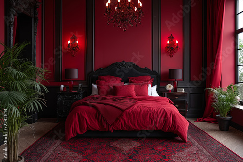 Elegant classic red black bedroom interior with backlighting
