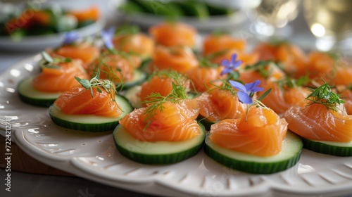 A platter of elegant hors d'oeuvres featuring smoked salmon canapÃ©s and cucumber rounds photo