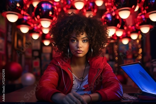 Woman is sitting at desk, Lanterns at background