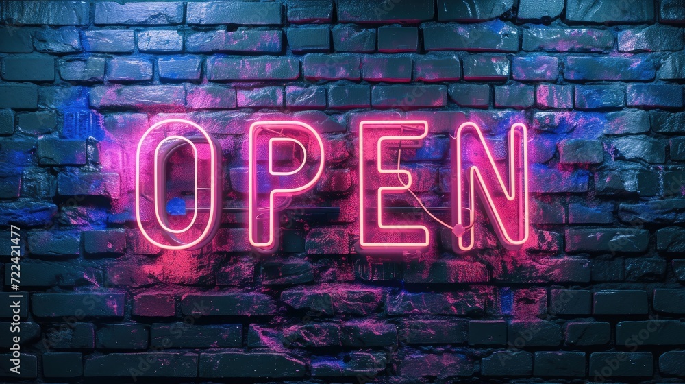 Neon open sign on brick wall background. Night neon signboard. Neon open sign on brick wall background. Night neon signboard.