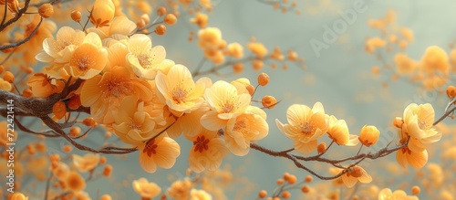 yellow flowers on a tree, in the style of photo-realistic landscapes, high detailed