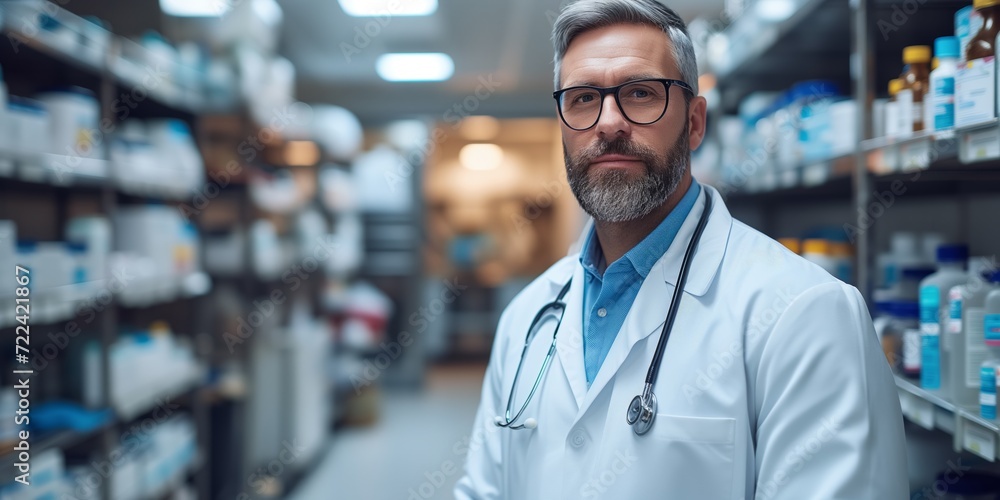 Man in White Lab Coat Standing in Pharmacy Aisle - obrazy, fototapety, plakaty 