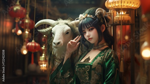 fantasy anime girl with zodiac chinese goat head  with black hairs