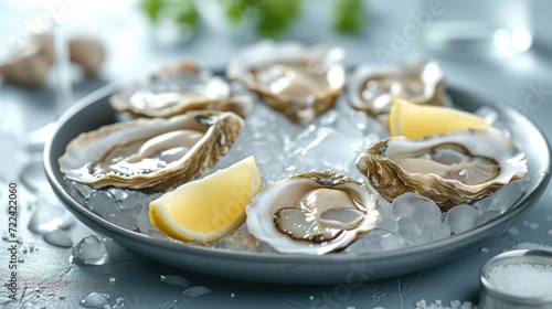 A plate of freshly shucked oysters on a bed of ice with lemon wedges photo