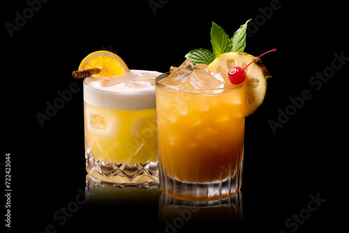 Set of Whiskey Sour and Old Fashioned cocktail garnished with a lemon in rocks glass on white background
