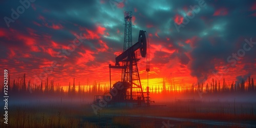 Sunset View of an Oil Rig in a Field