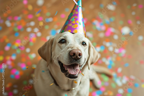 Funny dog wearing pary hat, birthday celebration card. Happy pets. Generative AI photo