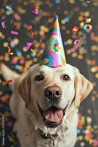 Funny dog wearing pary hat, birthday celebration card. Happy pets. Generative AI