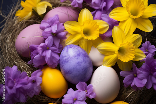 Easter festive background. Multicolored eggs  purple daisies and yellow daffodils. Generative AI