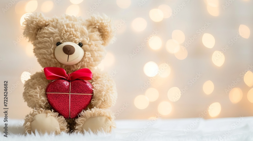 Cute bear cub with heart shaped gift on blurred background, valentine s day animals. Cute bear cub with heart shaped gift on blurred background, valentine s day animals.