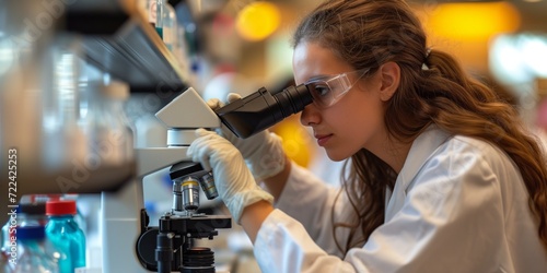 Woman in Lab Coat Examining Specimen Through Microscope
