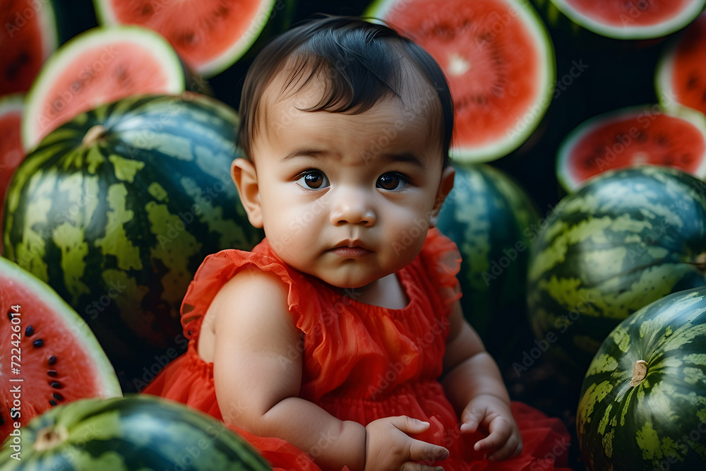 Fototapeta premium A little child sit between watermelons