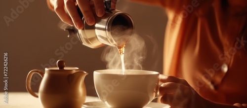 Woman pouring espresso from geyser coffee maker into cup photo