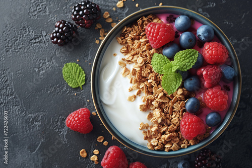 Bowl of homemade granola with yogurt and fresh berries on wooden background from top view. Yogurt with baked granola and berries in small bowl. Granola bowl with yogurt, berries.