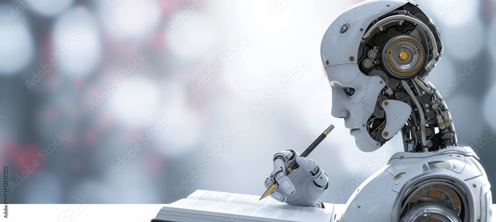 Fototapeta premium Futuristic ai robot writing essay, robotic assistant with pen, chat bot helping with homework