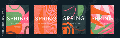 Set Spring Design with Graphic Memphis Element. Modern Abstract Background Patterns in Retro Style for Advertising, Web, Social Media, Poster, Banner, Cover. Sale offer 50%. Vector Illustration