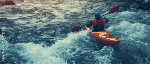An adventurer in an orange kayak battles the tumultuous rapids, a dance with the untamed spirit of the river