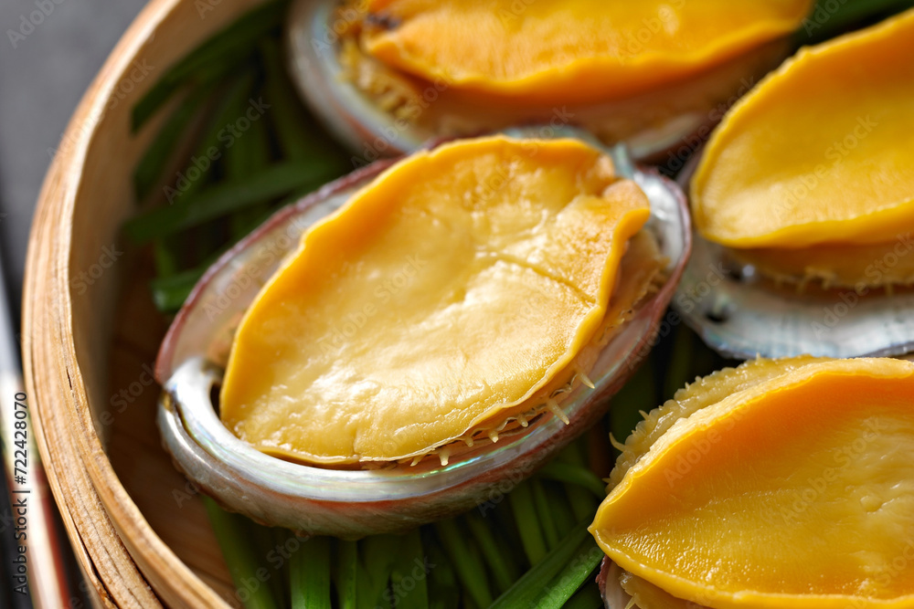 Steamed Abalone in Bamboo Steamer - Exquisite 4K Ultra HD Image of Gourmet Seafood Dish Steamed Abalone in Bamboo Steamer - Exquisite 4K Ultra HD Image of Gourmet Seafood Dish