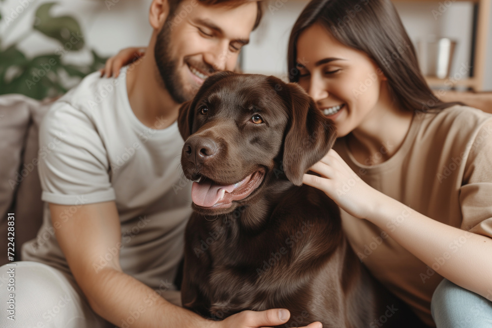 A smiling love couple cuddling their cute dog at home. Happy family. portrait of positive couple and pet dog sitting at home. Cheerful couple playing with dog on bed at home