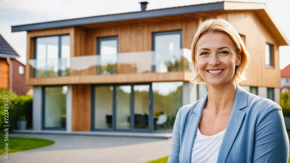 Happy Smiling Blonde Female Home Owner Standing in Front of Modern Eco House, Home Ownership, Real Estate Buying, Sustainable, Green, Wood. Danish, Swedish, Finnish, Norwegian, Nordic, Scandinavian. Happy Smiling Blonde Female Home Owner Standing in Front of Modern Eco House, Home Ownership, Real Estate Buying, Sustainable, Green, Wood. Danish, Swedish, Finnish, Norwegian, Nordic, Scandinavian.