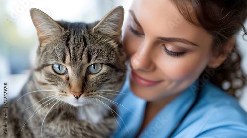 close up of smiling Veterinarian Woman Smile Holding a Cat with Blue Eyes
