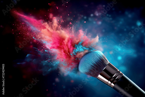 Makeup Brush with multicolored Powder Explosion on dark vibrant Background