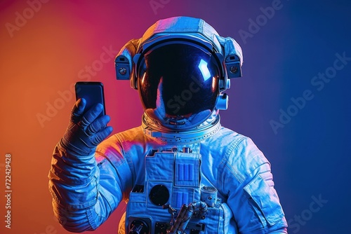 Astronaut in space suit pointing at smart phone against colored background