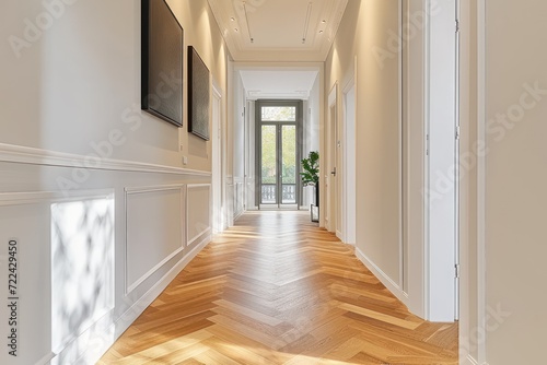 Empty hallway with white wall and parquet floor