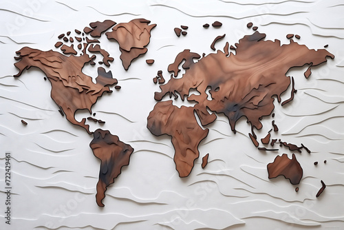 Stylized Wooden World Map in High Relief on a White Background photo