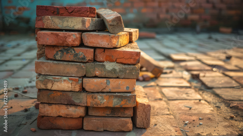 Stack of red bricks at a construction site.