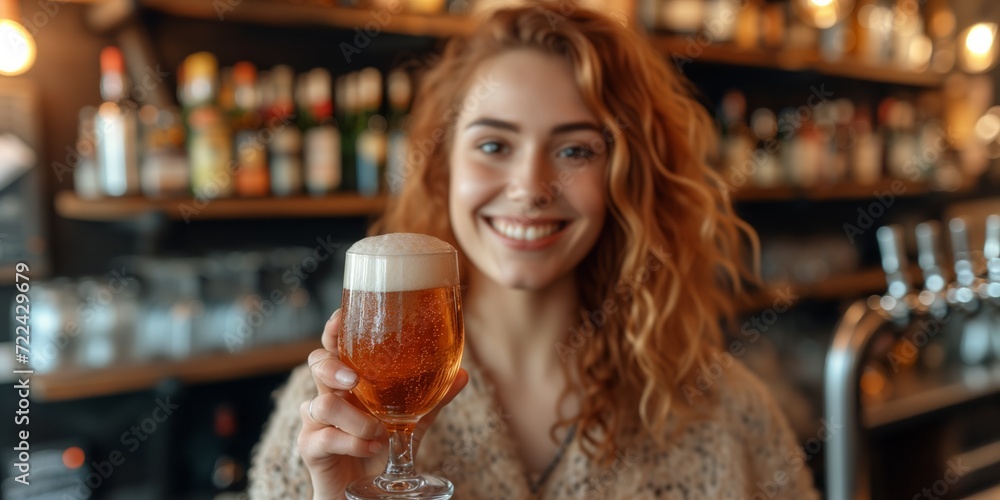 Woman Holding a Glass of Beer in Front of a Bar