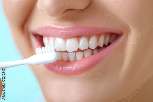 Bright Healthy Smile with White Teeth and Toothbrush on Blue Background