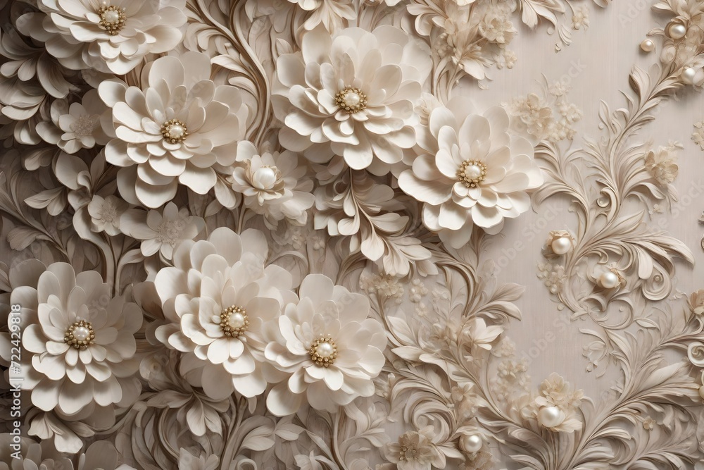 An ornate 3D mural wallpaper featuring a cascade of pearl flowers over a vintage European tapestry design, blending classic elegance with modern 3D artistry. 8k