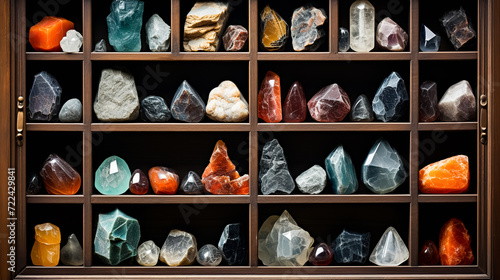 Collection of natural gemstones on a wooden shelf, close-up