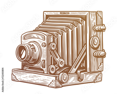 Old vintage camera with bellows. Retro wooden photo camera. Sketch vector illustration