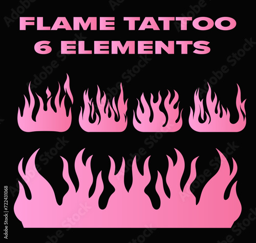 Set of pink fire flames on a dark background. Vector illustration for flash tattoo and stickers.