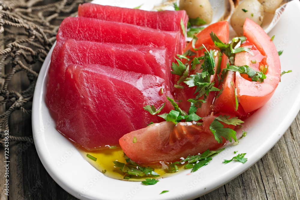 Close-Up of Fresh Tuna Sashimi with Tomato and Scallops - 4K Ultra HD Image of Exquisite Seafood Dish Close-Up of Fresh Tuna Sashimi with Tomato and Scallops - 4K Ultra HD Image of Exquisite Seafood Dish