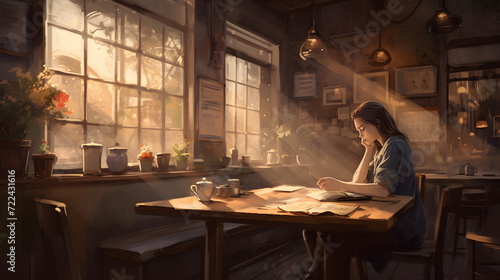 "Sunlit Serenity: Peaceful Reading in a Cozy Cafe Corner" AI-Generative