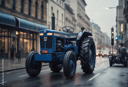 Blue tractor on the road with front loader up in the air buildings within background city