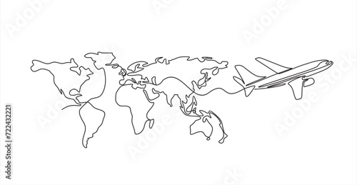 One continuous line drawing of Earth globe with airplane. Flight route path on world map in simple linear style. Travel and flight airline symbol concept.