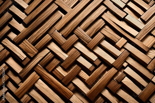 An intricate herringbone pattern of wood wicker 3D panels  combining oak and walnut for a seamless  luxurious texture. 8k