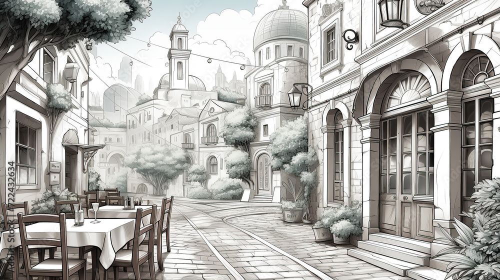 Street cafe with tables and chairs in the old European town. Sketch illustration for coloring book.