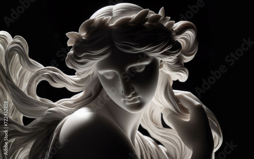 Ancient white marble sculpture head of young woman. Statue of sensual renaissance art era woman antique style. Face isolated on black background