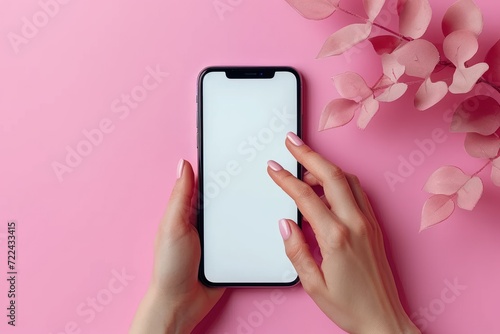 Woman using smart phone on pink background. Closeup of female hands with natural manicure with a mobile phone. Online shopping, business, education, communication concept. Isolated white screen mockup