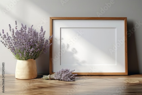 Horizontal wooden frame mockup for artwork, photo and print presentation with dry lavender flowers. Modern minimalist interior design.