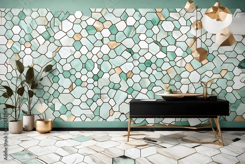 A stunning wallpaper design with a mix of mint green marble and alder wood hexagon tiles, each decorated with white and gold flourishes, elegantly joined by black seams. 8k
