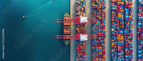 Industrial import-export port prepare to load containers. Aerial top view container ship in export and import global business and logistic. Global transportation and logistic business.